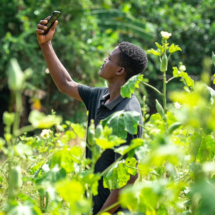 A person taking a selfie in a lush green garden.