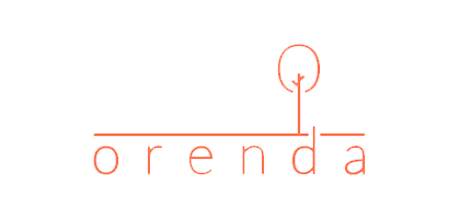 An orange company logo with the word "orenda" and an abstract icon resembling a person with outstretched arms and a circular head above the letter 'd'.