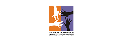 Logo of the national commission on the status of women, featuring stylized human figures and hands in orange and purple.