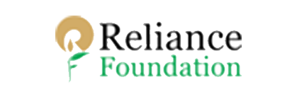 Logo of reliance foundation featuring an abstract human figure and a stylized plant element.