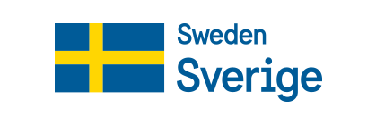 The swedish flag next to the country's name in english and swedish.