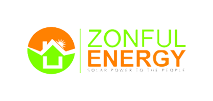 Company logo for "zonful energy" featuring a stylized house and energy symbols, emphasizing solar power solutions.