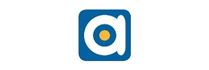 Logo of a blue square with a stylized white megaphone and an orange dot.
