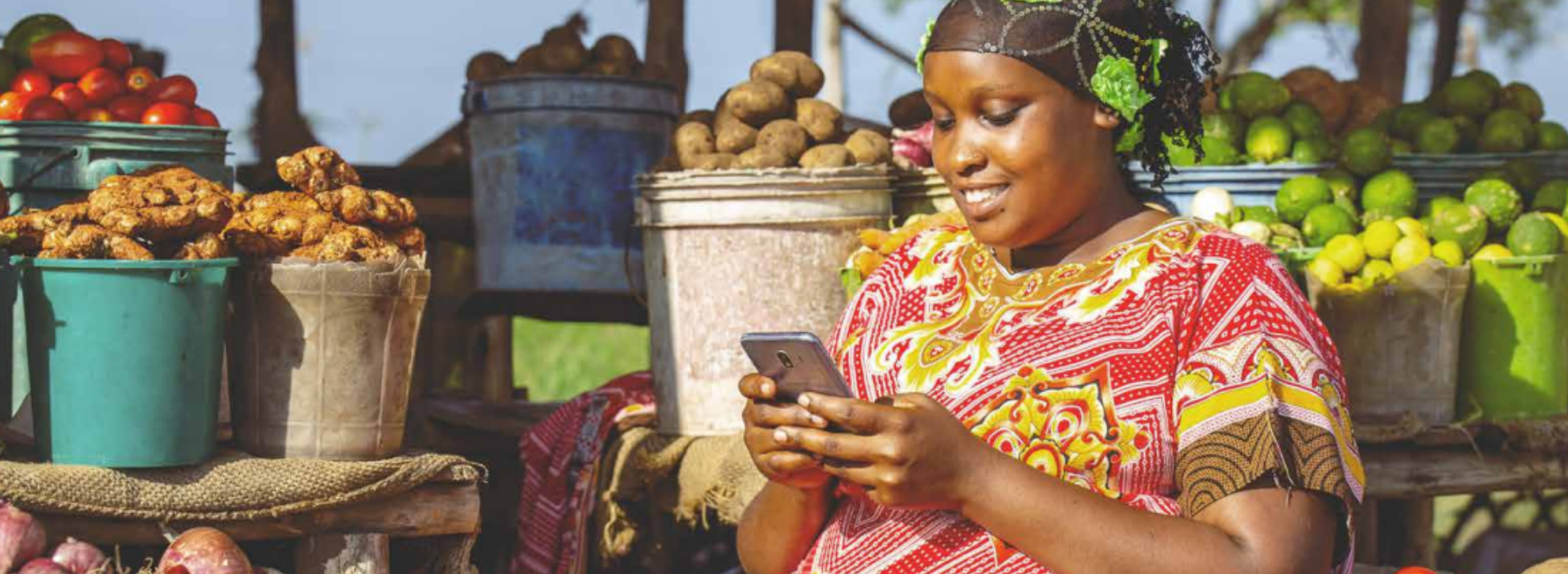 Woman using smartphone at a vibrant fruit and vegetable market stall, showcasing GSMA Mobile Innovation Hub technology.