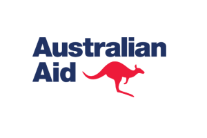 Logo of Australian Aid. Text on the left reads "Australian Aid" in bold, dark blue letters. To the right, there's a red silhouette of a kangaroo. The background is white.