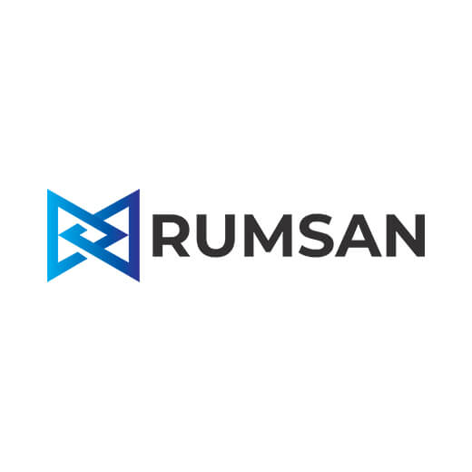 The image shows the Rumsan logo, featuring geometric blue and black shapes forming an abstract design to the left of the word "RUMSAN" in capital black letters on a white background.