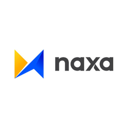 A logo features the word "naxa" in gray lowercase letters. To the left of the text is a geometric design consisting of two overlapping triangles, one yellow and one blue.