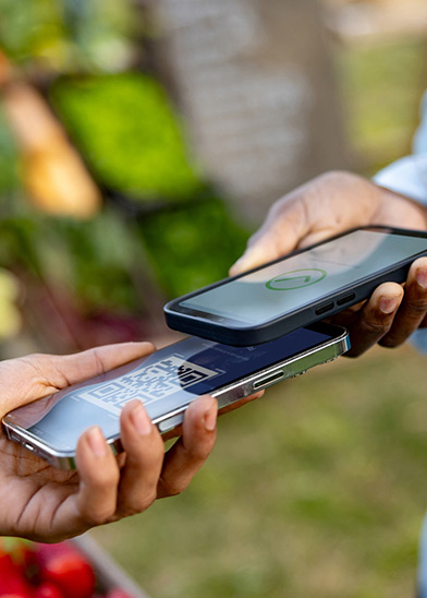 Two hands are holding smartphones close to each other, with one phone displaying a QR code and the other scanning it. The background includes some blurred greenery and produce, suggesting an outdoor market setting.