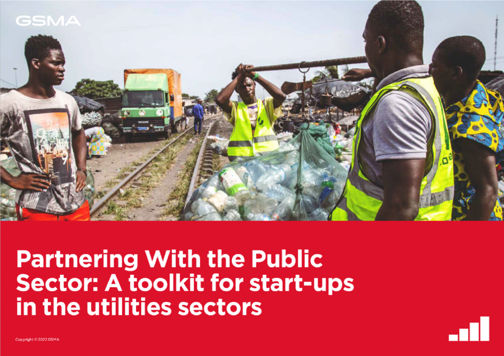 People in reflective vests handle large bags of plastic bottles in a recycling area next to a road with trucks. One person looks on while another adjusts a bag. The text reads, "Partnering With the Public Sector: A toolkit for start-ups in the utilities sectors.
