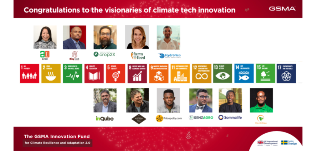 A conference slide presents 18 portraits of climate leaders recognized for tech innovation, with logos like Biogas Moto, Crop2X, and HydroIQ above each portrait. A red banner congratulates them, while GSMA branding and climate fund information appear at the bottom.