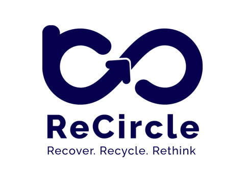 A logo displaying an infinity symbol intertwined with an arrow, symbolizing recycling. Below, the text reads "ReCircle" in bold, followed by the slogan "Recover. Recycle. Rethink" in smaller font. The design is in a dark blue color.