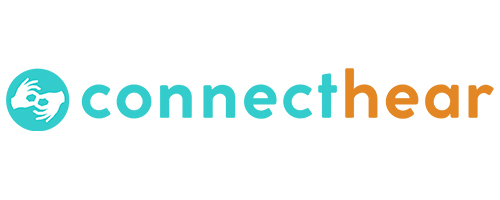 Logo with the word "connecthear." "Connect" is in light blue, and "hear" is in orange. A light blue circle on the left contains a hand symbol forming a gesture resembling an ear. The design symbolizes communication and connection, especially for the hearing-impaired community.