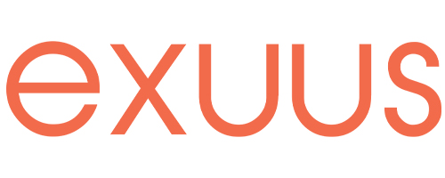 The image shows the word "exuus" in lowercase letters, written in a modern, bold sans-serif font. The text is colored in a bright orange shade, set against a plain white background.