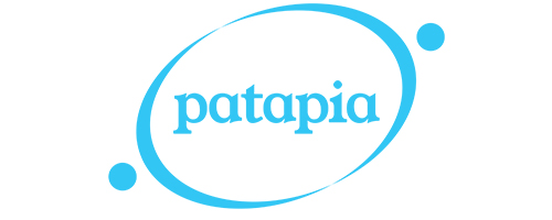 Logo with blue text "patapia" in lowercase, centered inside an oval-like shape. The shape consists of two curves orbiting the text, each ending with a circular dot on either side. The overall style is simple and modern.