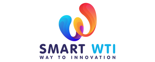 Logo featuring a stylized, colorful "W" made of flowing gradients in blue, orange, and red. Below is the text "SMART WTI" in bold, dark blue letters. The tagline "Way to Innovation" is written underneath in smaller, blue letters.