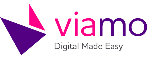 The image shows the Viamo logo. It consists of a stylized purple and magenta geometric shape on the left, resembling a paper airplane or arrow. To the right, "viamo" is written in lowercase, with "Digital Made Easy" in smaller gray text below.