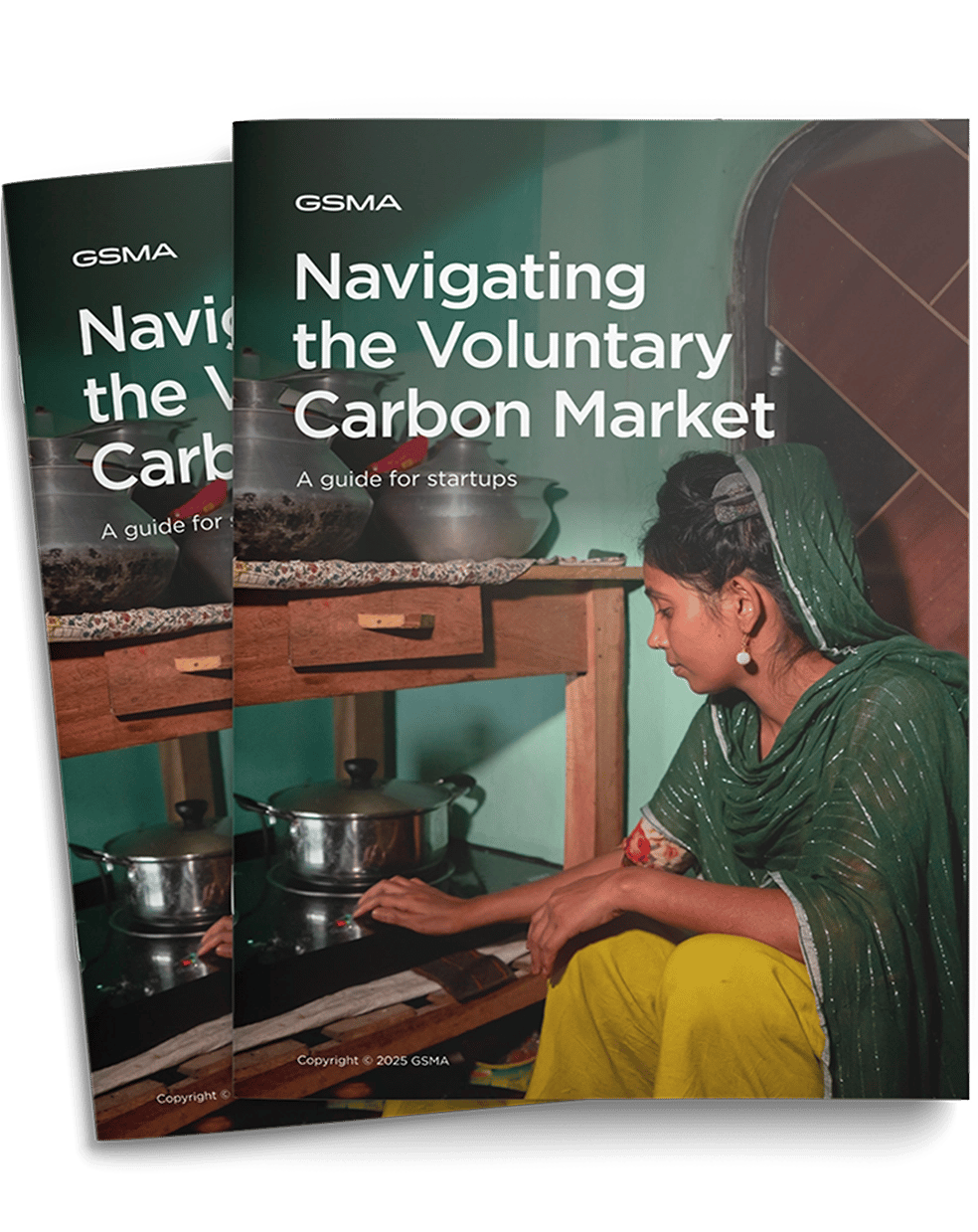 Two covers of a guide titled "Navigating the Voluntary Carbon Market: A guide for startups" by GSMA. The cover image features a person in a green headscarf and yellow pants, sitting near a stove with a pot, in a simple, green-walled room.