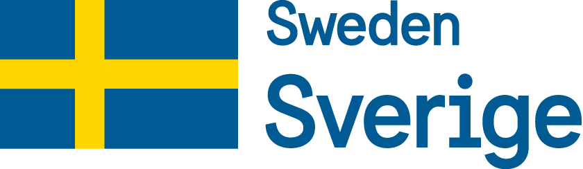 The image features the flag of Sweden, a blue field with a yellow Scandinavian cross. To the right, the word "Sweden" is written in English above "Sverige" in Swedish, both in bold, blue text.