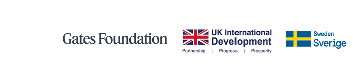Logos of three organizations: Gates Foundation, UK International Development with the Union Jack and "Partnership, Progress, Prosperity," and Sweden Sverige with the Swedish flag, united in empowering female micro-entrepreneurs worldwide.