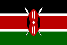 The image shows the flag of Kenya, featuring horizontal stripes in black, white-edged red, and green. A traditional Maasai shield and two crossed spears are centered on the flag.