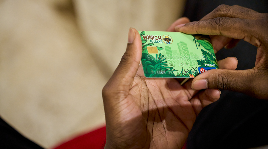 Close-up of hands holding a green card featuring a jungle theme with illustrations of leaves. The card is branded "WINICH FARMS" and includes a small logo. The background is blurred, highlighting the focus on the card.