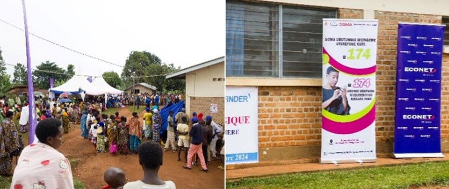 A crowd gathers outside a building with tents and banners. On the right, two large banners stand against a brick wallโone shows a woman using a phone with information in French, the other is blue with logos. People are lined up near the banners.