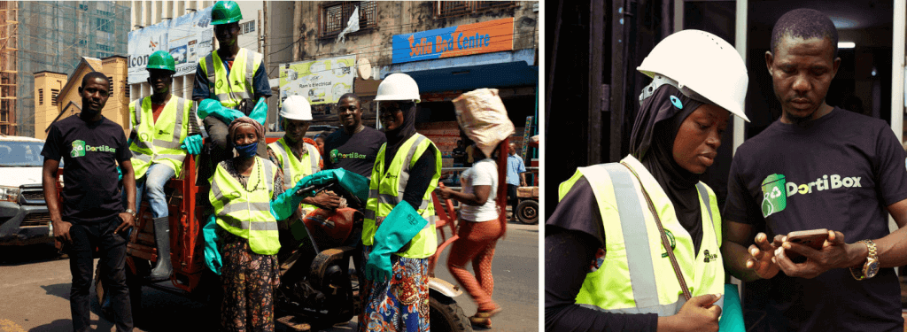 A group of people wearing safety vests and helmets are gathered around a waste collection vehicle in an urban street setting. The image on the left shows them with garbage bags, while on the right, two individuals are looking at a smartphone. They all wear shirts with "DartiBox" logos.