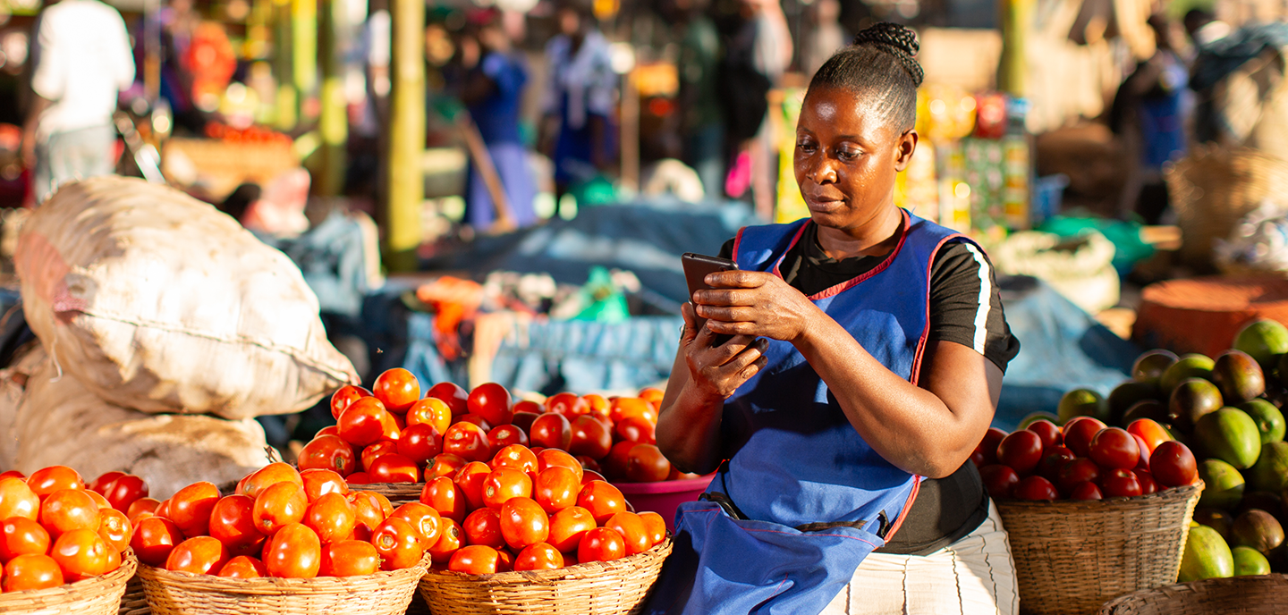 A woman in a blue apron sits at an outdoor market stall, surrounded by baskets of tomatoes and avocados. One of many Connected Women, she looks focused on her smartphone amid colorful produce and the lively, bustling market scene.