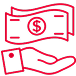 A red outline drawing shows a hand with an upturned palm and a single dollar bill hovering above it, featuring a dollar sign in a circle at the center of the bill, on a black background.