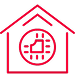 Red outline of a house with a circular chip or microprocessor icon inside, representing smart home technology or home automation. The chip has a stylized circuit pattern with lines extending outward. The background is black.