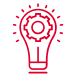 A red outline of a light bulb with a gear inside, symbolizing innovation or ideas. Small lines radiate from the bulb, representing light or inspiration. The design is simple and uses clean, thin lines.