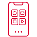 Red line drawing of a smartphone displaying four square app icons arranged in a grid on the screen, each with simple shapes inside. Three small circles are shown beneath the grid, representing navigation or indicators.
