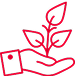 A simple red line drawing of an open hand facing up, holding a small plant with three leaves. The hand is stylized, with a cuff indicating a sleeve, and the plant represents growth or nurturing. The image has a black background.