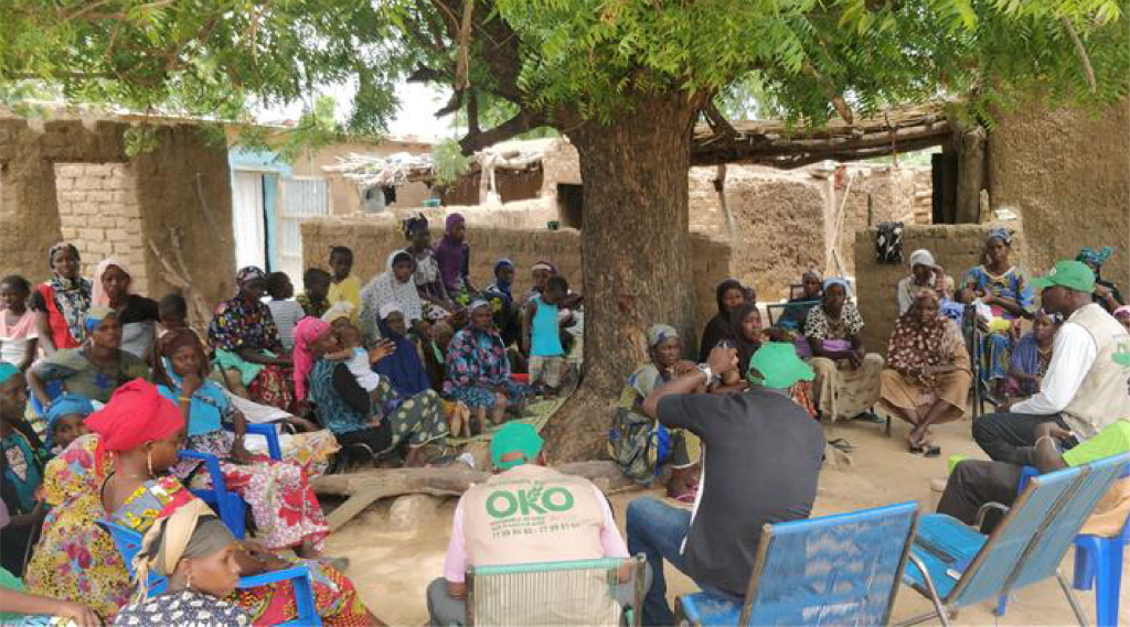 A large group of men, women, and children sit together outdoors under a leafy tree in a rural village. They wear colorful clothing and headscarves, some seated on blue chairs, others on benches or the ground, surrounded by mud-brick buildings.