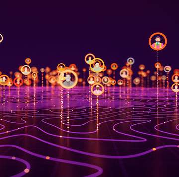 A digital landscape with glowing, curving lines and floating circular icons showing diverse avatar profiles, symbolizing a connected online social network or digital community, set against a dark purple background.