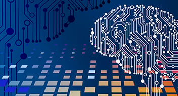 Digital illustration of a human brain made from white circuit lines on a blue background, with colorful pixelated squares below and more circuit patterns extending from the top left, representing artificial intelligence and technology.