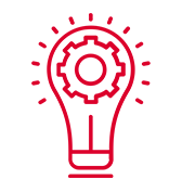 A red line drawing of a light bulb with a gear and a person icon inside, symbolizing innovation or creative ideas involving people or teamwork, as seen in GSMA Mobile for Development. Radiating lines suggest illumination or inspiration.
