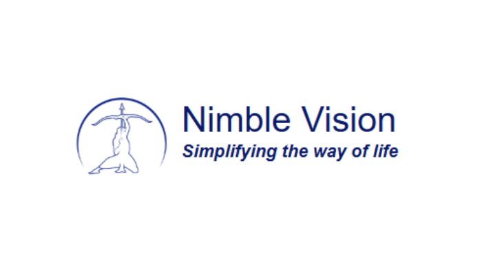 Logo for Nimble Vision featuring a simplistic line drawing of a person holding a large leaf or fan overhead within a circle, next to the words "Nimble Vision" and the tagline "Simplifying the way of life" in dark blue text on a white background.