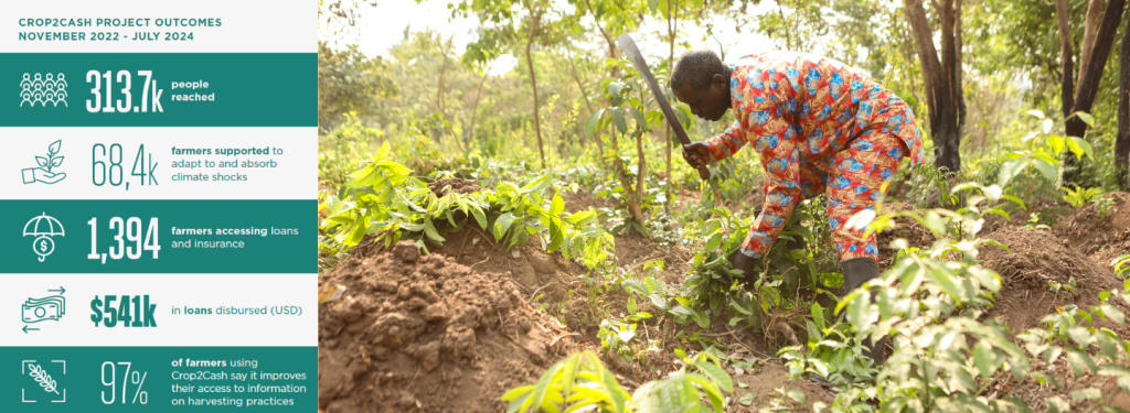The image presents impact points as:

* 313.7k people reached
* 68.4k farmers supported to adapt to and absorb climate shocks
* 1,934 farmers accessing loans and insurance
$541k in loans disbursed (USD)
* 97% of farmers using CropIn say it improves their access to information on harvesting practices.

The image depicts a farmer actively working in a vibrant, green agricultural field. Dressed in a colorful patterned outfit, the farmer is bent over, using a tool to tend to the crops, surrounded by flourishing vegetation. This visual underscores the impact of the Crop2Cash initiative supported by the GSMA Innovation Fund, which has significantly empowered farmers by enhancing their resilience to climate shocks, improving access to financial services, and providing better information on harvesting practices.