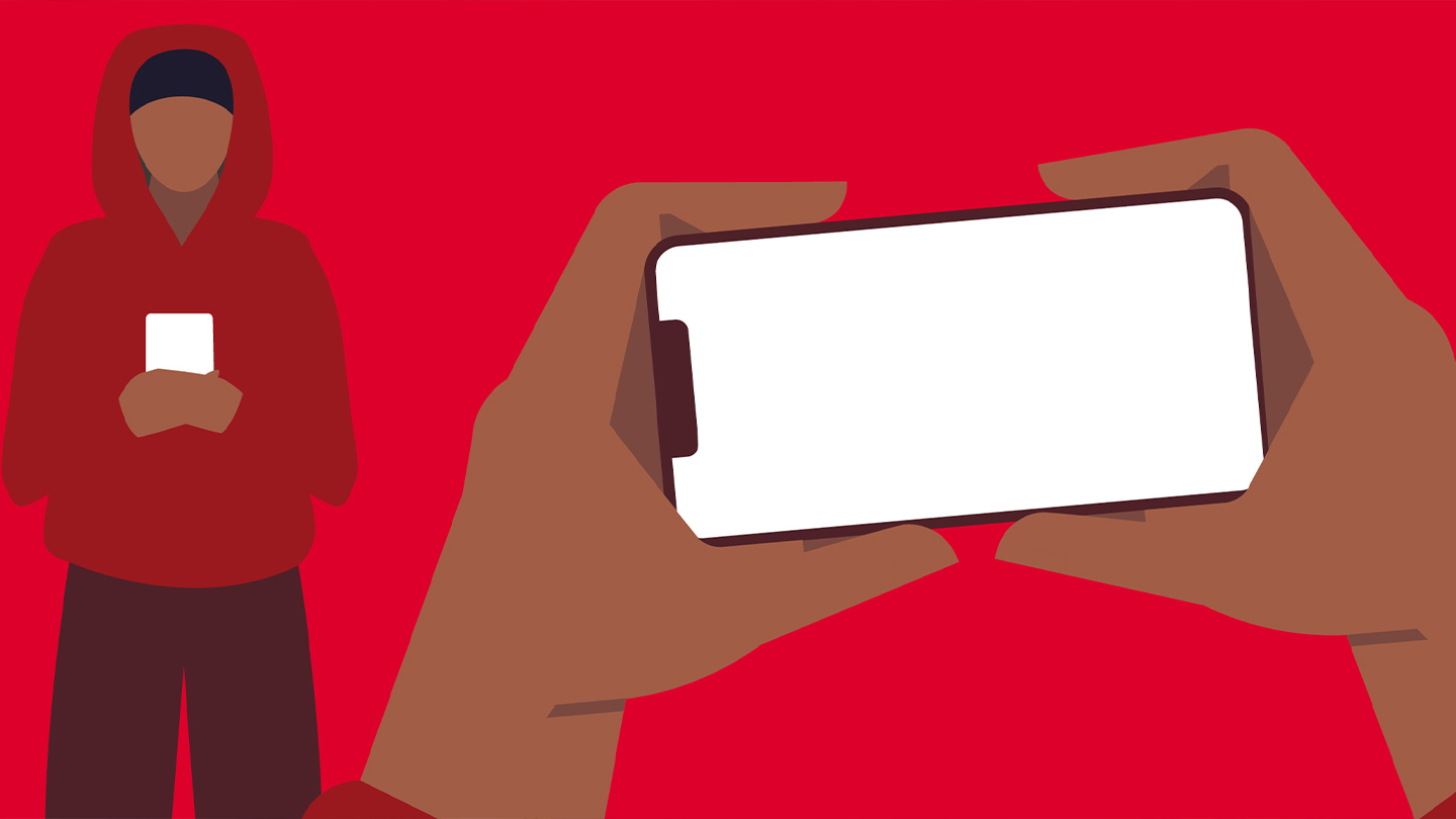 A person in a red hoodie holds a white phone, facing forward—perhaps discussing the M4H podcast or Humanitarian Innovation. In the foreground, another pair of hands holds a smartphone horizontally; the background is solid red and the screen is blank.