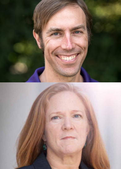 The image is split into two sections: the top shows a smiling man with short brown hair, sideburns, and a purple shirt, standing outdoors; the bottom shows a woman with long red hair, wearing a dark blazer, looking serious, with a bright, blurred background.