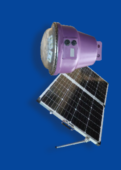 A purple security camera with a dome-shaped lens is positioned above a foldable black solar panel with a metal frame and handle, set against a solid blue background. The solar panel stands upright on a small support leg.