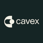 A minimalist logo with a cream-colored geometric shape resembling a “C” and a circle, followed by the word “cavex” in lowercase, clean sans-serif font, all set against a dark green background.