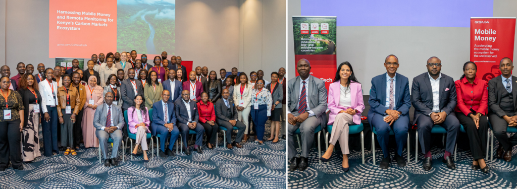A large group of people poses together at an indoor event. Behind them are banners reading "Harnessing Mobile Money and Remote Monitoring for Kenya’s Carbon Markets Ecosystem" and "Mobile Money." A separate close-up shows six seated panelists in business attire.