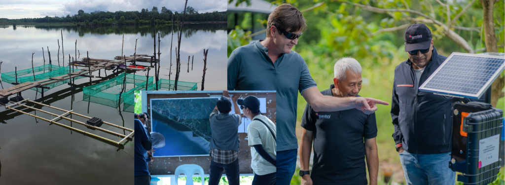 A collage shows a fish farm on a calm lake, two people analyzing a digital map, and three men outdoors, one pointing at a solar-powered device mounted on a pole, with lush greenery in the background.