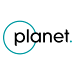 The word "planet" is written in bold black lowercase letters, with the "p" partially overlapping a teal circle on the left. A small teal dot is positioned to the right of the word, aligning with the cross of the "t." The background is white.