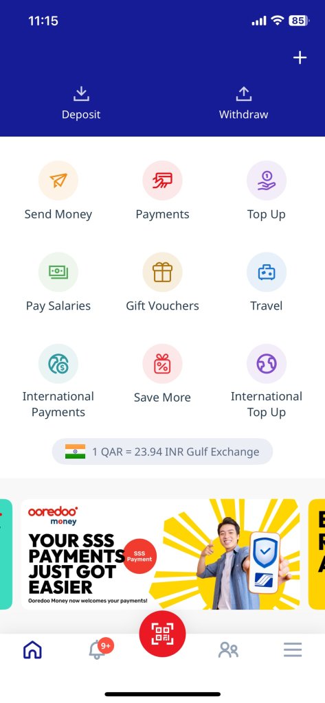 Screenshot of a mobile banking app. Icons for Deposit, Withdraw, Send Money, Payments, Top Up, Pay Salaries, Gift Vouchers, Travel, Remittance, International Payments, Save More, and International Top Up are visible. Exchange rate and an ad banner are shown below.