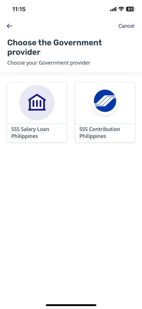 Mobile app screen with the title “Choose the Government provider.” Two options are shown: “SSS Salary Loan Philippines” with a purple building icon, and “SSS Contribution Philippines” with a blue circular icon featuring stylized white lines.