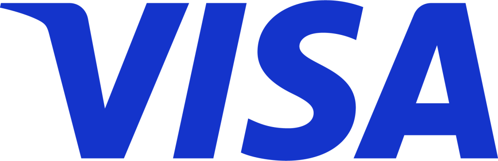 The image shows the VISA logo featuring the word "VISA" in bold, uppercase blue letters with a distinctive, stylized "V" that has an extended left serif. The background is plain and white.