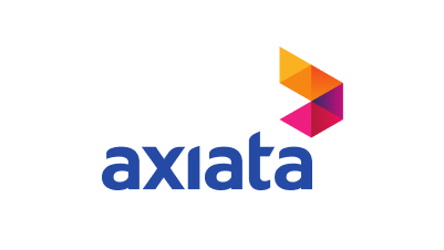 The Axiata logo features bold, blue lowercase letters spelling "axiata." To the upper right, an abstract geometric design of orange, pink, and purple triangles forms a 3D arrow. The clean white background reflects Axiata’s focus on innovations like mobile-enabled early warning systems.